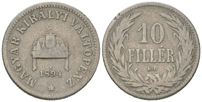 Венгрия 10 филлеров 1894 KB, Франц Иосиф I (1848-1916) KM 482 никель 4147-455