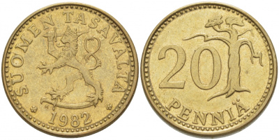 ФИНЛЯНДИЯ 20 ПЕННИ 1982 K KM 47 алюминиевая бронза 3718-523