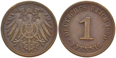 ГЕРМАНИЯ 1 ПФЕННИГ 1890 E KM 10, J. 10, Weege 2 медь 211-137