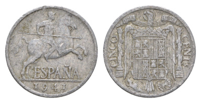 Испания 5 сентимо 1941 рыцарь на коне, Франсиско Франко (1939-1975) KM 765 алюминий 4623-628