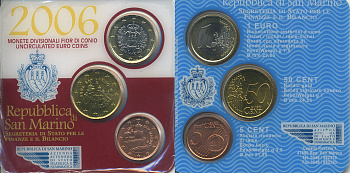 Сан-Марино официальный набор из 3 монет 2006 5 евроцентов, 50 евроцентов, 1 евро, в пластиковой запайке UNC 1-4-2-28