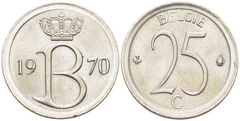 Бельгия 25 сантимов 1970 Belgie, Бодуэн I (1951-1993) KM 154.1 медно-никель 201-1256