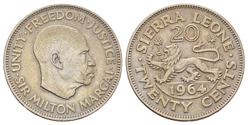 Сьерра-Леоне 20 центов 1964 Милтон Маргаи, год-тип KM 20 медно-никель 65-213