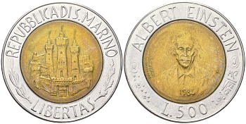 Сан-Марино 500 лир 1984 учёные - Альберт Эйнштейн KM 167 биметалл UNC 4148-757