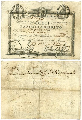 Италия 10 Паоли = 100 Байоччи 1798 3 августа 1798, Prima repubblica Romana, Banco Di S.Spirito Pick S525 бумага 8612-64-1