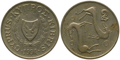 Кипр 2 цента 1994 KM 54.3 никель латунь 4158-462