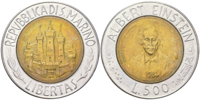 Сан-Марино 500 лир 1984 учёные - Альберт Эйнштейн KM 167 биметалл UNC 4148-757