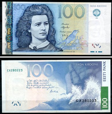 Эстония 100 крон 1999 Лидия Койдула, волны и скалы Pick 82 a  бумага  UNC (пресс) 8611-17-1-1