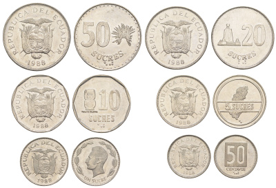 Эквадор набор из 6 монет (1, 5, 10, 20, 50 и 100 сукре) 1988 KM 89, 90, 91, 92, 93 и 94 UNC 4652-1053-1057