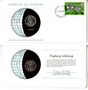 Свазиленд 20 центов 1975 конверт с маркой первого дня гашения, Coins of Nations KM 11 медно-никель UNC 4294-55-3