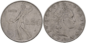 Италия 50 лир 1960 бог огня Вулкан у наковальни, редкий год по Краузе KM 95.1 нержавеющая сталь 4176-234