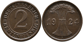 ГЕРМАНИЯ 2 РЕНТЕНПФЕННИГА 1924 А KM 31, J.307 бронза 96-613