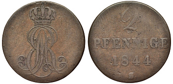 Ганновер 2 пфеннига 1844 S, Эрнст Август (1837-1851) KM 174.2, AKS 123, J. 55 медь 75-1814