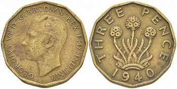 Великобритания 3 пенса 1940 Георг VI (1936-1952) KM 849, Spink 4112 никель латунь 212-1255