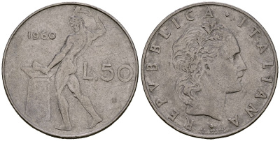 Италия 50 лир 1960 бог огня Вулкан у наковальни, редкий год по Краузе KM 95.1 нержавеющая сталь 4176-234