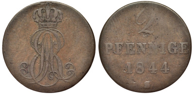 Ганновер 2 пфеннига 1844 S, Эрнст Август (1837-1851) KM 174.2, AKS 123, J. 55 медь 75-1814