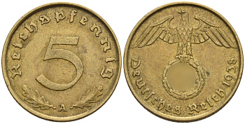 Германия 5 рейхспфеннигов 1938 A KM 91, J. 363 алюминиевая бронза 4151-816