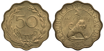 Парагвай 50 сентимо 1953 лев, фригийский колпак на шесте KM 28 алюминиевая бронза aUNC 4388-213