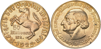 Вестфалия 50000000 марок 1923 Funck 645.12A,  J N23a, Men18 33512.30 томпак плакированный золотом 11-170-22