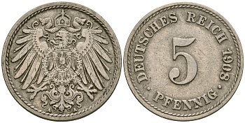 Германия 5 пфеннигов 1908 A KM 11, Jager 12, Weege 6 медно-никель 4364-4553