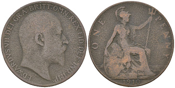 Великобритания 1 пенни 1910 Эдуард VII (1901-1910) KM 794.2, Spink 3990 бронза 221-1242
