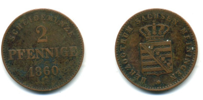 Саксен-Майнинген 2 ПФЕННИГА 1860 KM 171 медь 54-629
