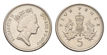 Великобритания 5 пенсов 1990 Елизавета II (1952-2022) KM 937b, Spink 4372 (D4) медно-никель 4685-148