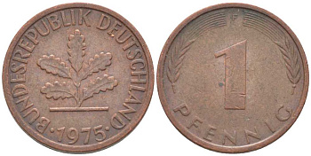 ФРГ 1 ПФЕННИГ 1975 F KM 105, J. 380 сталь плакированная медью 116-364