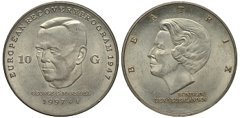 Нидерланды 10 гульденов 1997 Беатрикс (1980-2013), Джордж Маршалл KM 224 серебро UNC 413-3942