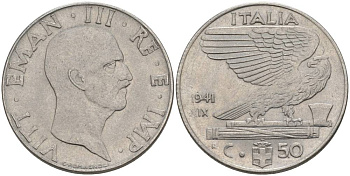 ИТАЛИЯ 50 ЧЕНТЕЗИМО 1941 R, ГОД XIX, ВИКТОР ЭММАНУИЛ III (1900-1946) KM 76b, VEM3. 1063 нержавеющая сталь 3853-345