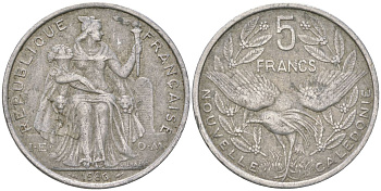 Французская Новая Каледония 5 франков 1986 птица кагу, (IEOM) KM 16, Schoen 12, Lec 76 алюминий 180-616