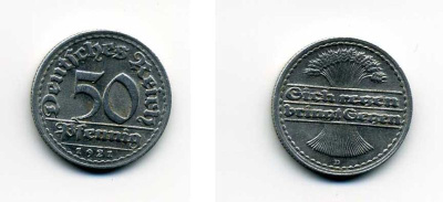 ГЕРМАНИЯ 50 ПФЕННИГОВ 1921 D KM 27, J. 301 алюминий 29-322