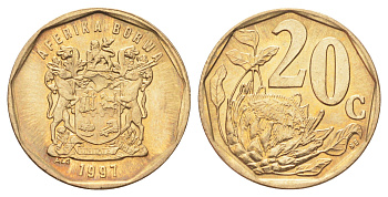 ЮАР 20 центов 1997 герб, цветок протея KM 162 сталь плакированная латунью UNC 4696-1033