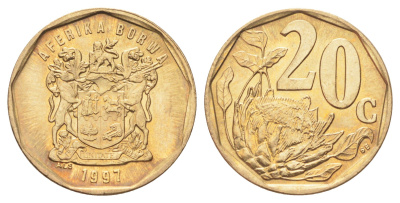 ЮАР 20 центов 1997 герб, цветок протея KM 162 сталь плакированная латунью UNC 4696-1033
