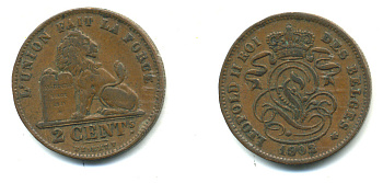 БЕЛЬГИЯ 2 САНТИМА 1902 BELGES KM 35.1 медь 86-1847