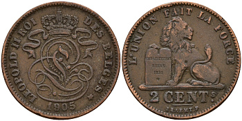 Бельгия 2 сантима 1905 Belges KM 64 медь    4187-413