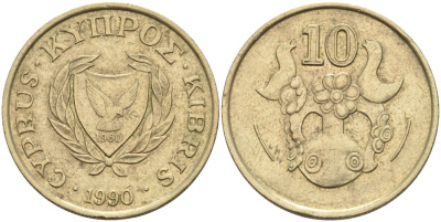 Кипр 10 центов 1990 ваза с птичками KM 56.3 никель латунь 4571-1026