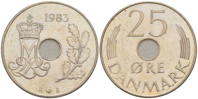 ДАНИЯ 25 ЭРЕ 1983 R; B, МАРГРЕТЕ II (1972-) KM 861.3 медно-никель 94-921