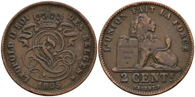 Бельгия 2 сантима 1905 Belges KM 64 медь    4187-413