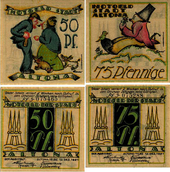 АЛЬТОНА НАБОР ИЗ 2 БАНКНОТ (50 И 75 ПФЕННИГОВ) 1921 12 ДЕКАБРЯ 1921, НОТГЕЛЬД, ОДИН ИЗ СЕМИ РАЙОНОВ ГАМБУРГА Keller 30.2 бумага 6318-25-2-1