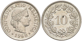 ШВЕЙЦАРИЯ 10 РАППЕНОВ 1968 В KM 27 медно-никель 55-412