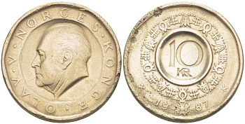 Норвегия 10 крон 1987 Улаф V (1957-1991) KM 427 медь цинк никель 213-722
