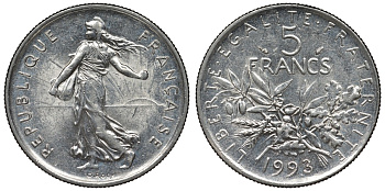 Франция 5 франков 1993 сеятель KM 926a.1, Le Franc 341.27 никель плакированный медно-никелем 4123-521