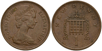 Великобритания 1 пенни 1980 Елизавета II (1952-2022) KM 915, Spink 4237 (B1) бронза 4154-966