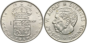 Швеция 1 крона 1965 U, Густав VI Адольф (1950-1973) KM 826 серебро 27-1026