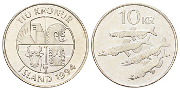 Исландия 10 крон 1994 KM 29.1 медно-никель UNC 4666-916