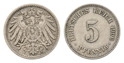 Германия 5 пфеннигов 1906 A, Вильгельм II (1888-1918) KM 11, J. 12 медно-никель 4636-114