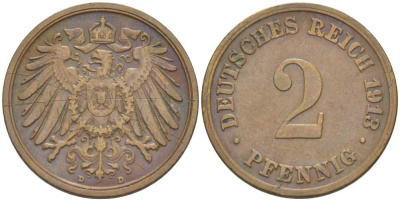 Германия 2 пфеннига 1913 D KM 16, J. 11, Weege 4 медь 206-642