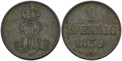 Ганновер 1 пфенниг 1850 B, Эрнст Август (1837-1851) KM 201.1, AKS 129, J. 74 медь 4608-1055