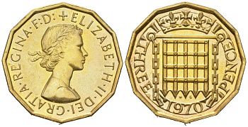 Великобритания 3 пенса 1970 Елизавета II (1952-2022) KM 900, Spink 4153 никель латунь BUNC 4163-831